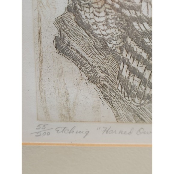 Netia Worley 1974 Etching Horned Owl Numbered 55/200 Artist Pencil Signed - Picture 5 of 10